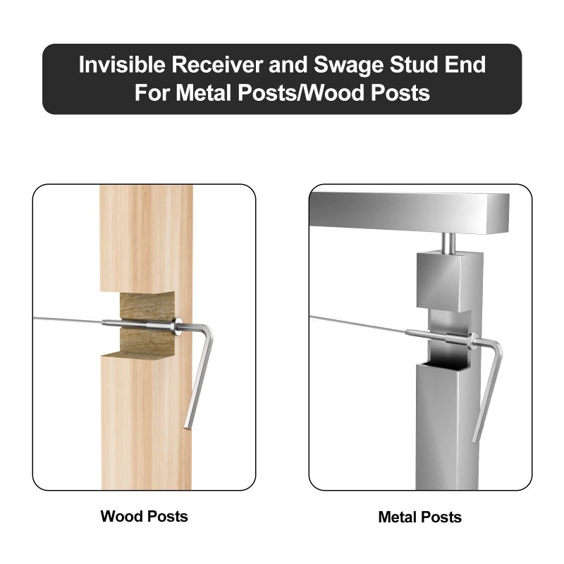 BLIKA 20 Pack 1/8" Stainless Steel Invisible Receiver and Swage Stud End for 1/8 Inch Cable Railing, Deck Stair Threaded End Fitting for Wood & Metal Post, Swage Tensioner Cable Railing Hardware - Image 5